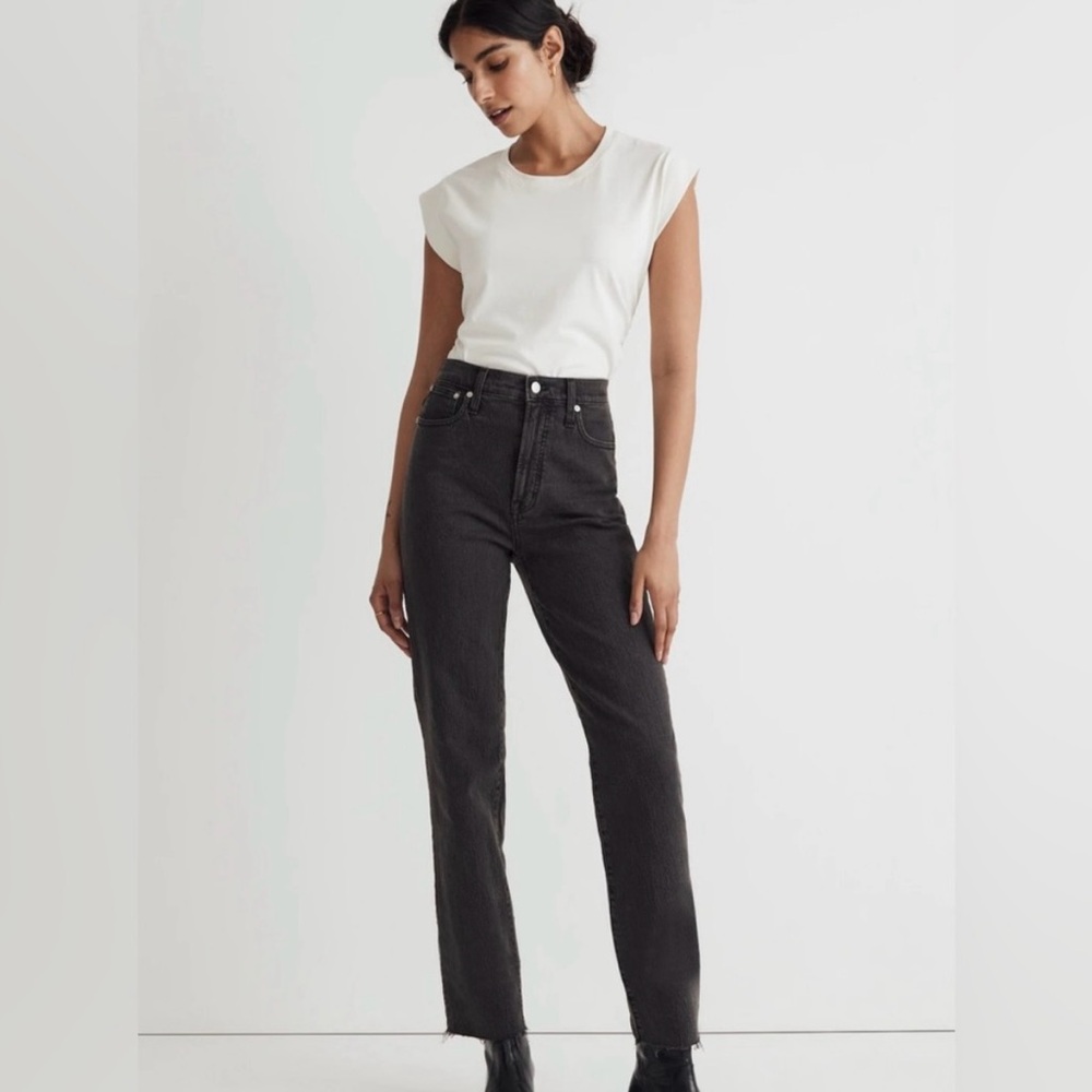 Madewell Perfect Vintage Straight Jeans Black Raw Hem Size 27 High Rise